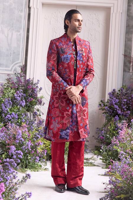 Shop Mahima Mahajan Red Linen, Satin Embroidery Nawaf Panelled Fanah Print Sherwani Set Online at Aza Fashions Shop_Mahima Mahajan_Red Linen, Satin Embroidery Nawaf Panelled Fanah Print Sherwani Set _Online_at_Aza_Fashions
