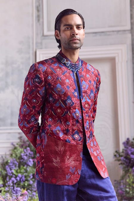 Buy_Mahima Mahajan_Red Organza, Satin, Linen Ismail Fanah Print Hand Bandhgala And Trouser Set _Online_at_Aza_Fashions