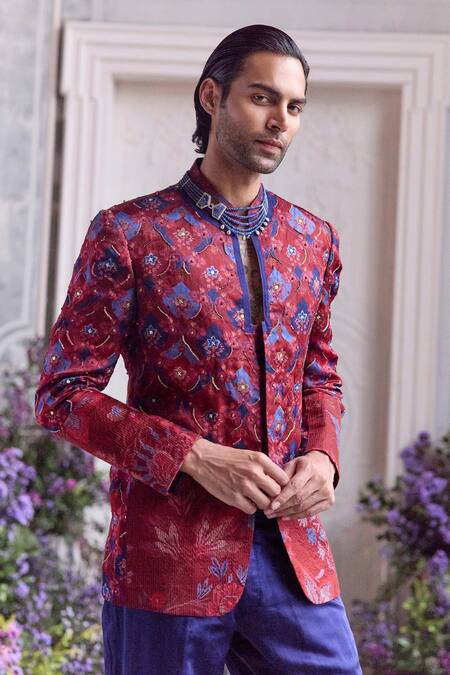 Shop_Mahima Mahajan_Red Organza, Satin, Linen Ismail Fanah Print Hand Bandhgala And Trouser Set _Online_at_Aza_Fashions