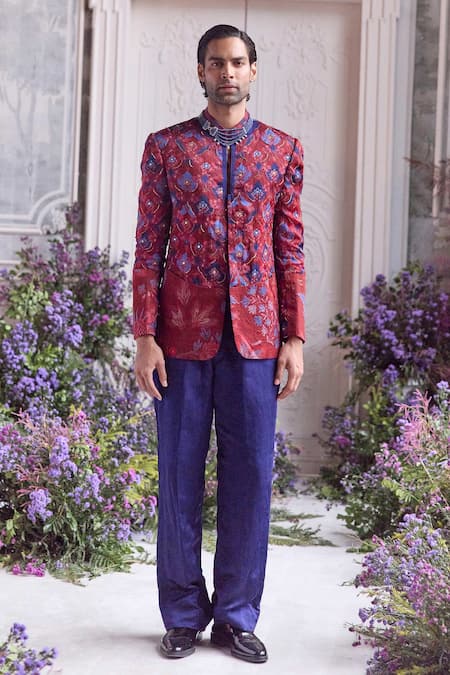 Mahima Mahajan_Red Organza, Satin, Linen Ismail Fanah Print Hand Bandhgala And Trouser Set _at_Aza_Fashions