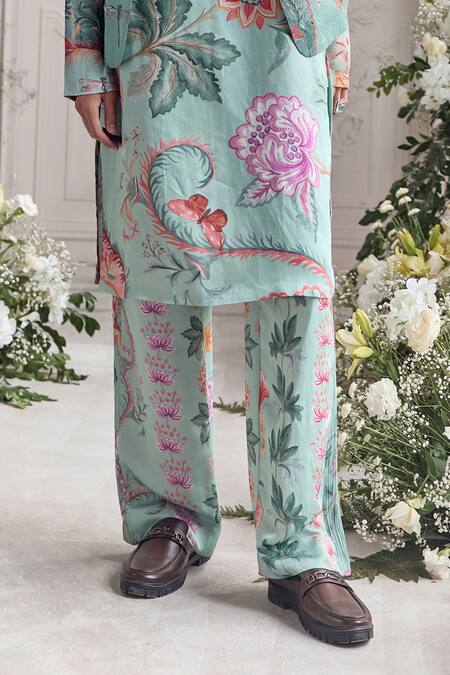 Mahima Mahajan Green Satin, Organza, Linen Ashan Fanah Print Quilted Bundi Kurta And Trouser Set Online at Aza Fashions Mahima Mahajan_Green Satin, Organza, Linen Ashan Fanah Print Quilted Bundi Kurta And Trouser Set _Online_at_Aza_Fashions