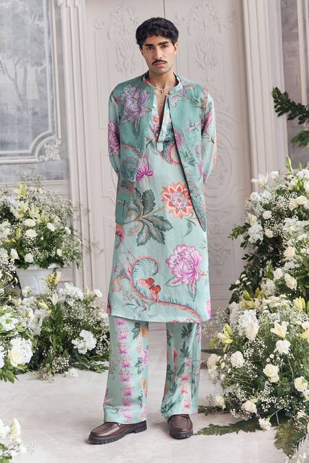 Mahima Mahajan Green Satin, Organza, Linen Ashan Fanah Print Quilted Bundi Kurta And Trouser Set at Aza Fashions Mahima Mahajan_Green Satin, Organza, Linen Ashan Fanah Print Quilted Bundi Kurta And Trouser Set _at_Aza_Fashions