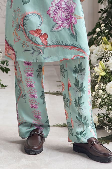 Buy_Mahima Mahajan_Green Linen, Satin Nadir Fanah Print Kurta And Pintuck Trouser Set _Online_at_Aza_Fashions
