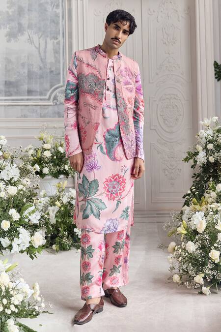 Shop_Mahima Mahajan_Blush Satin, Organza, Linen Embroidery Faisal Quilted Hand Bundi Kurta Set _Online_at_Aza_Fashions