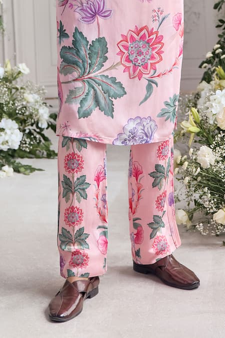 Buy_Mahima Mahajan_Blush Linen, Satin Faruq Fanah Print Kurta And Pant Set _Online_at_Aza_Fashions