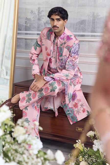 Buy_Mahima Mahajan_Blush Linen, Satin Embroidery Faizan Fanah Print Sherwani Set _Online_at_Aza_Fashions