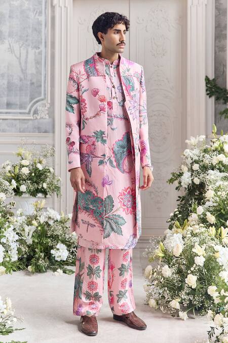 Shop_Mahima Mahajan_Blush Linen, Satin Embroidery Faizan Fanah Print Sherwani Set _Online_at_Aza_Fashions