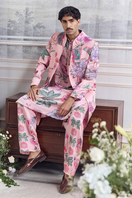 Buy_Mahima Mahajan_Blush Linen, Satin Embroidery Faizan Fanah Print Sherwani Set 