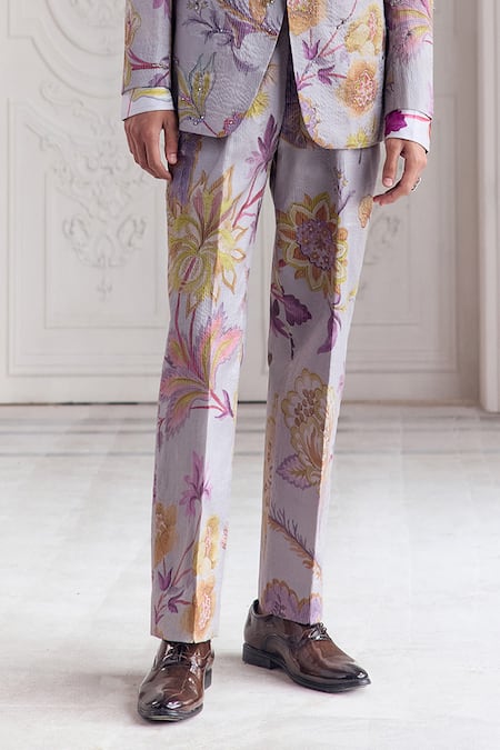 Mahima Mahajan_Lilac Satin, Organza, Linen Embroidery Aamil Quilted Hand Blazer Trouser Set _Online_at_Aza_Fashions