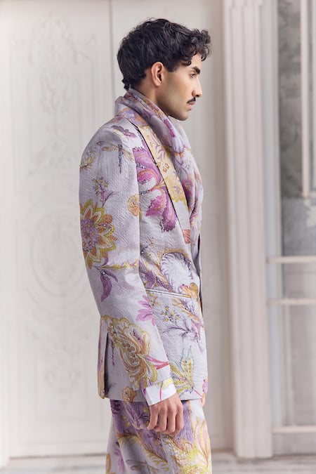 Buy_Mahima Mahajan_Lilac Satin, Organza, Linen Embroidery Aamil Quilted Hand Blazer Trouser Set _Online_at_Aza_Fashions