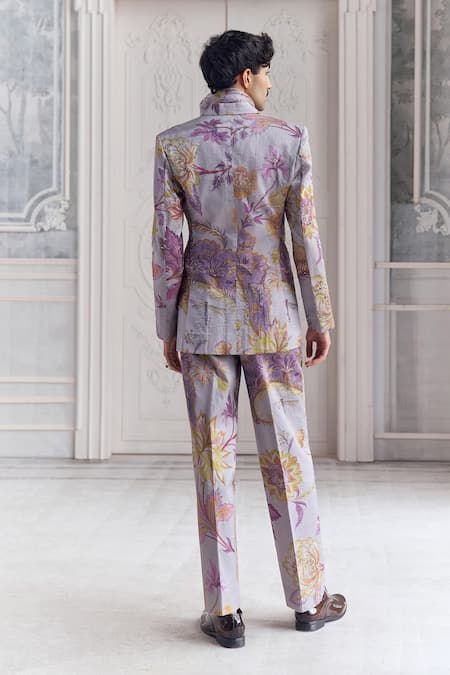 Shop_Mahima Mahajan_Lilac Satin, Organza, Linen Embroidery Aamil Quilted Hand Blazer Trouser Set _Online_at_Aza_Fashions