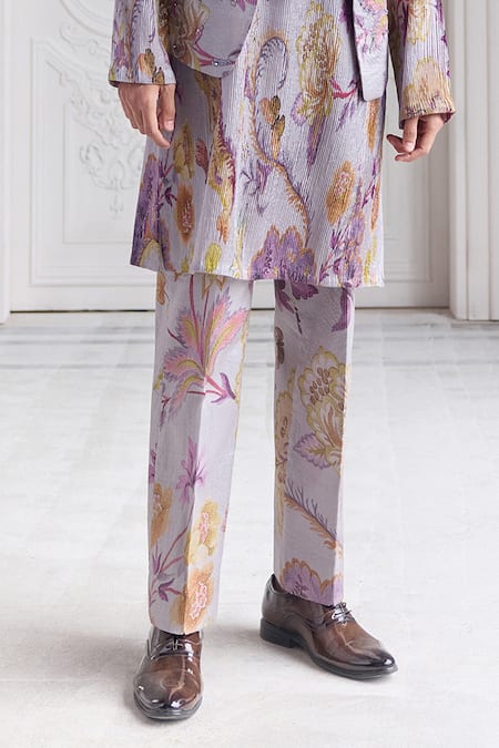 Mahima Mahajan_Lilac Satin, Organza Embroidery Aalim Quilted Hand Fanah Print Bundi Kurta Set _Online_at_Aza_Fashions