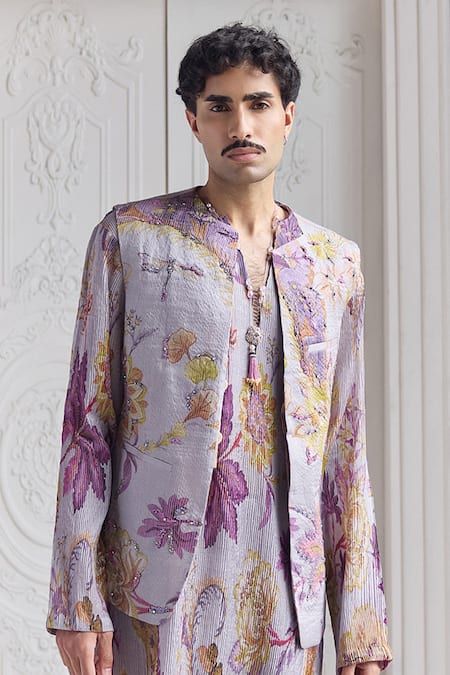 Buy_Mahima Mahajan_Lilac Satin, Organza Embroidery Aalim Quilted Hand Fanah Print Bundi Kurta Set _Online_at_Aza_Fashions