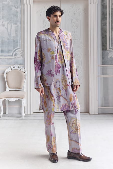 Shop_Mahima Mahajan_Lilac Satin, Organza Embroidery Aalim Quilted Hand Fanah Print Bundi Kurta Set _Online_at_Aza_Fashions