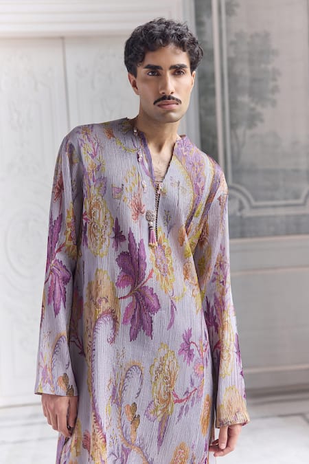 Buy_Mahima Mahajan_Lilac Satin, Organza Aariz Fanah Print Pleated Kurta And Pintuck Trouser _Online_at_Aza_Fashions