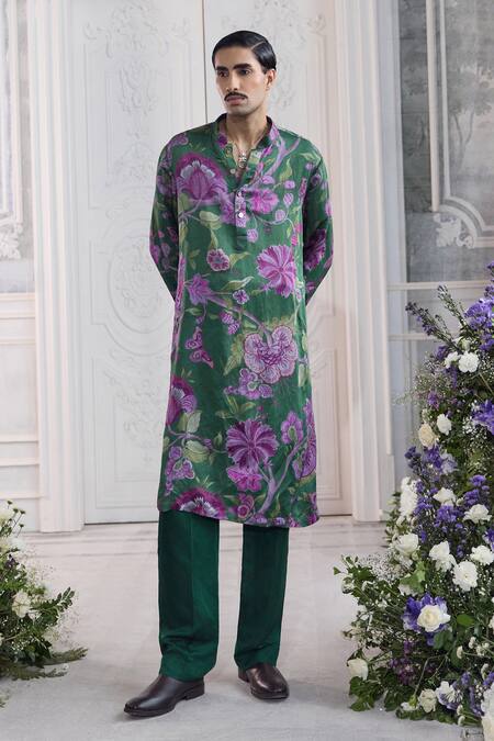 Shop_Mahima Mahajan_Green Linen, Satin Aasif Fanah Print Kurta And Trouser Set _Online_at_Aza_Fashions