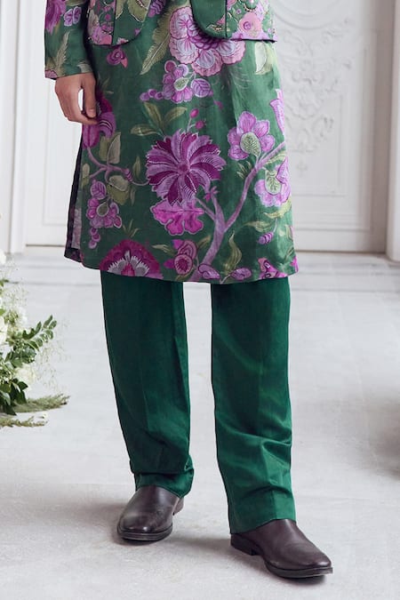 Mahima Mahajan_Green Linen, Satin Embroidery Mehtab Fanah Print Hand Bundi Kurta Set _Online_at_Aza_Fashions