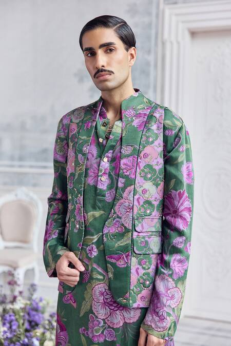 Buy_Mahima Mahajan_Green Linen, Satin Embroidery Mehtab Fanah Print Hand Bundi Kurta Set _Online_at_Aza_Fashions