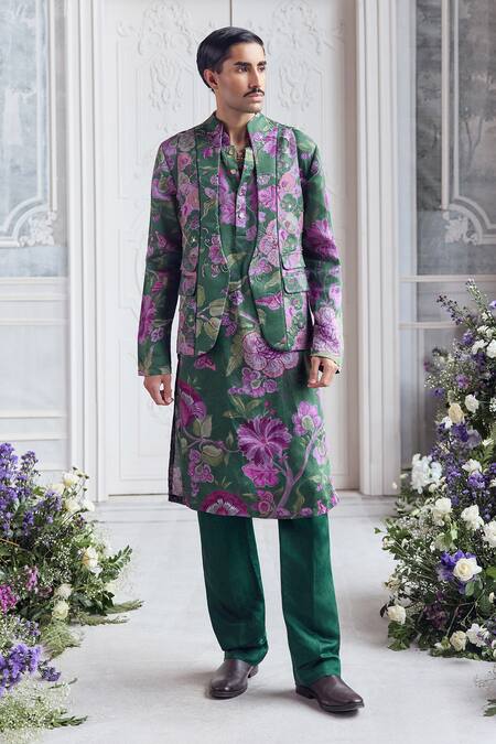 Shop_Mahima Mahajan_Green Linen, Satin Embroidery Mehtab Fanah Print Hand Bundi Kurta Set _Online_at_Aza_Fashions