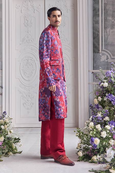 Buy_Mahima Mahajan_Red Linen, Satin Embroidery, Arham Panelled Fanah Print Bundi Kurta Set _Online_at_Aza_Fashions