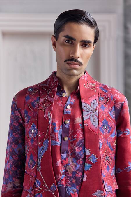 Shop_Mahima Mahajan_Red Linen, Satin Embroidery, Arham Panelled Fanah Print Bundi Kurta Set _Online_at_Aza_Fashions