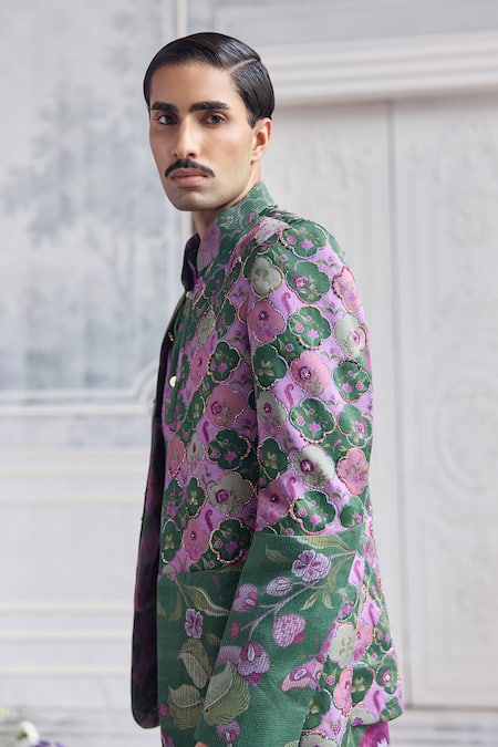 Buy_Mahima Mahajan_Green Linen, Satin Embroidery Harun Fanah Print Hand Blazer _Online_at_Aza_Fashions