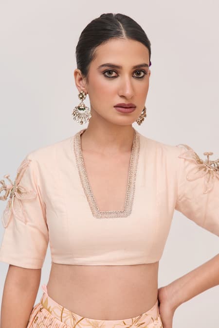 Ruchi Marodia_Peach Bamboo, Cotton, Organza Zari, Embroidery, Krishna Kamal Print Lehenga Set _Online_at_Aza_Fashions