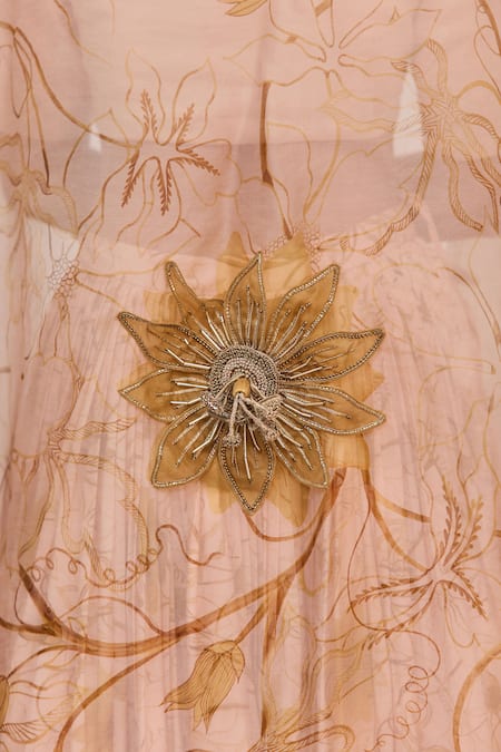 Buy_Ruchi Marodia_Peach Bamboo, Cotton, Organza Zari, Embroidery, Krishna Kamal Print Lehenga Set _Online_at_Aza_Fashions