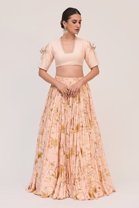 Shop_Ruchi Marodia_Peach Bamboo, Cotton, Organza Zari, Embroidery, Krishna Kamal Print Lehenga Set _Online_at_Aza_Fashions