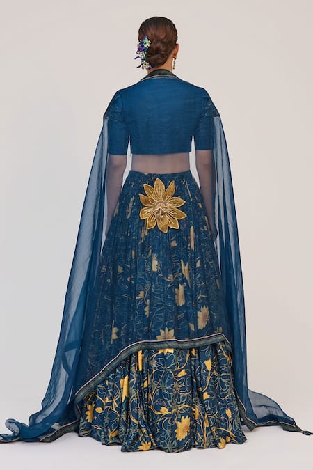 Ruchi Marodia_Blue Bamboo, Cotton, Organza Embroidery, Zari, Beads, Krishna Kamal Lehenga Set _Online_at_Aza_Fashions