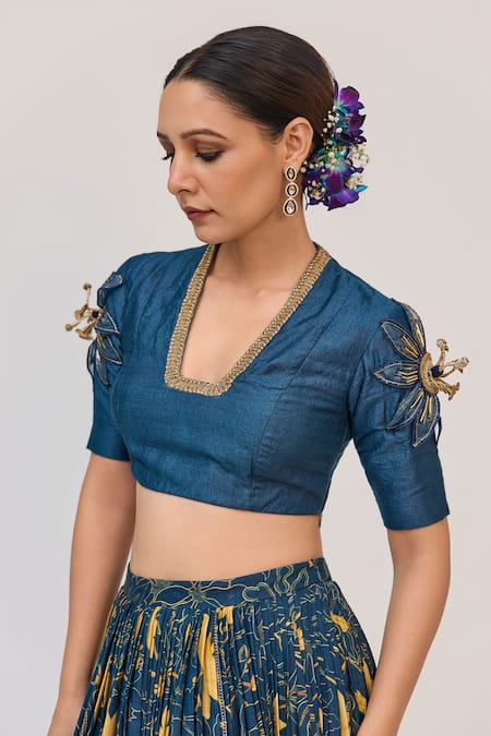 Buy_Ruchi Marodia_Blue Bamboo, Cotton, Organza Embroidery, Zari, Beads, Krishna Kamal Lehenga Set _Online_at_Aza_Fashions