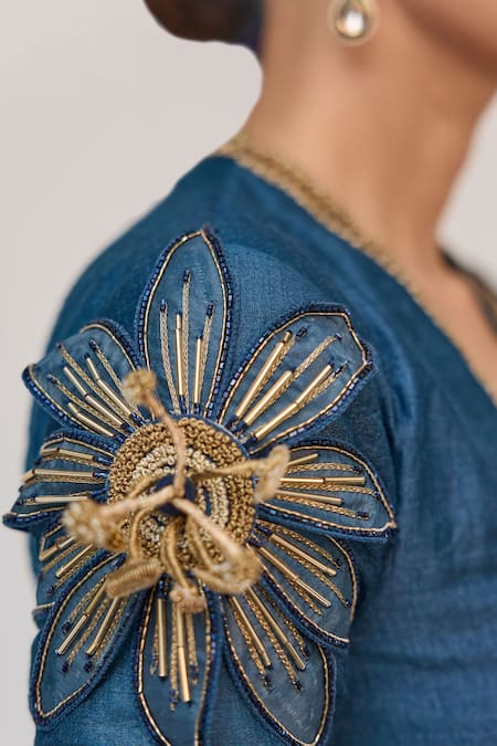 Ruchi Marodia_Blue Bamboo, Cotton, Organza Embroidery, Zari, Beads, Krishna Kamal Lehenga Set _at_Aza_Fashions