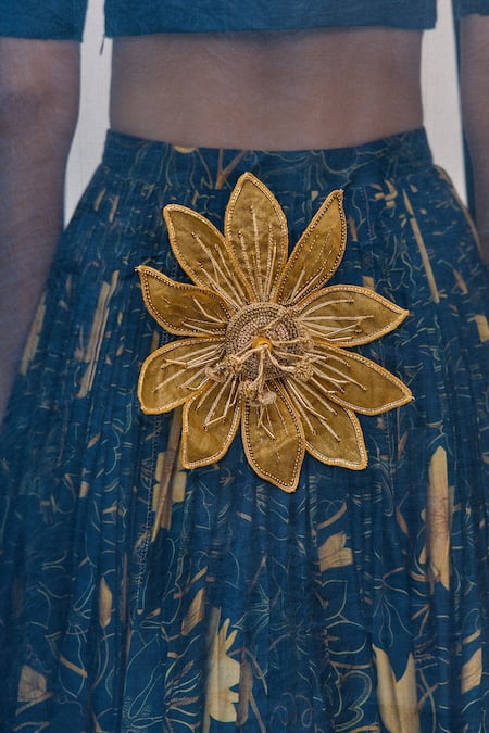 Buy_Ruchi Marodia_Blue Bamboo, Cotton, Organza Embroidery, Zari, Beads, Krishna Kamal Lehenga Set 