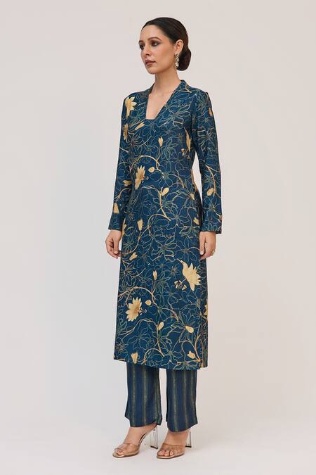 Shop_Ruchi Marodia_Blue Bamboo, Cotton, Organza Tassels V-neck Krishna Kamal Print Kurta Set _Online_at_Aza_Fashions