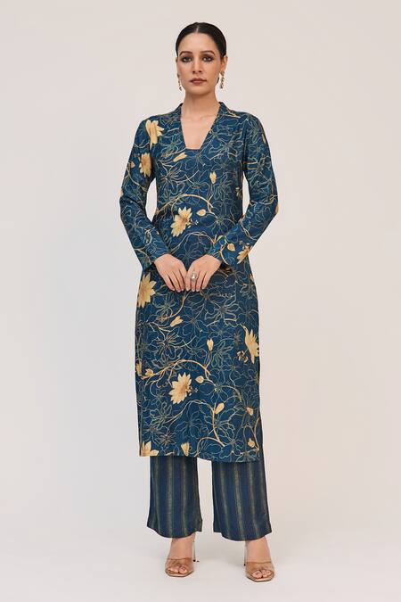 Ruchi Marodia_Blue Bamboo, Cotton, Organza Tassels V-neck Krishna Kamal Print Kurta Set _at_Aza_Fashions