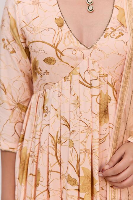 Ruchi Marodia_Peach Bamboo, Cotton, Organza Embroidery V-neck Krishna Kamal Print Anarkali Set _at_Aza_Fashions