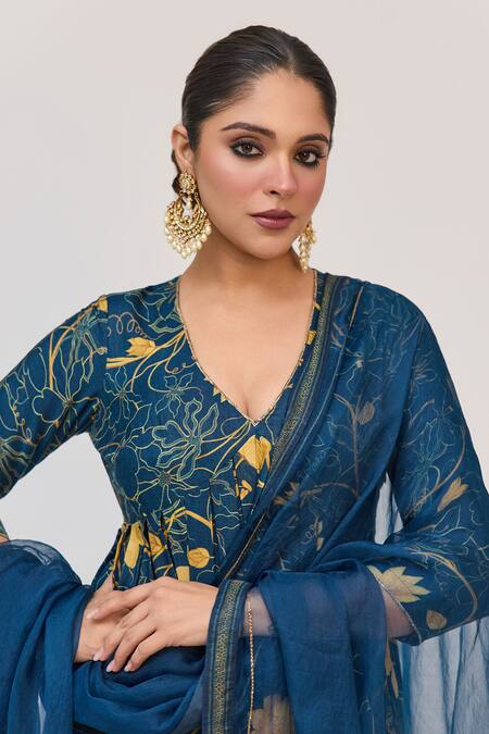 Ruchi Marodia_Blue Bamboo, Cotton, Organza Krishna Kamal Digital Print Anarkali Churidar Set _Online_at_Aza_Fashions