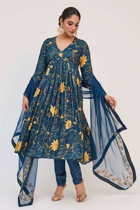 Buy_Ruchi Marodia_Blue Bamboo, Cotton, Organza Krishna Kamal Digital Print Anarkali Churidar Set _Online_at_Aza_Fashions