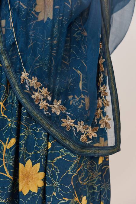 Shop_Ruchi Marodia_Blue Bamboo, Cotton, Organza Krishna Kamal Digital Print Anarkali Churidar Set _Online_at_Aza_Fashions