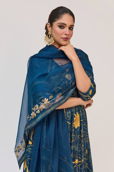 Ruchi Marodia_Blue Bamboo, Cotton, Organza Krishna Kamal Digital Print Anarkali Churidar Set _at_Aza_Fashions