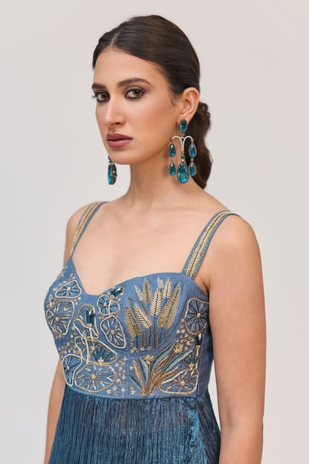 Buy_Ruchi Marodia_Aqua Silk, Cotton, Crinkle Embroidery, Metallic Lotus Bloom Kurta And Salwar Set _Online_at_Aza_Fashions