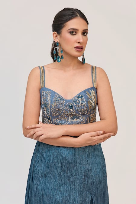 Shop_Ruchi Marodia_Aqua Silk, Cotton, Crinkle Embroidery, Metallic Lotus Bloom Kurta And Salwar Set _Online_at_Aza_Fashions