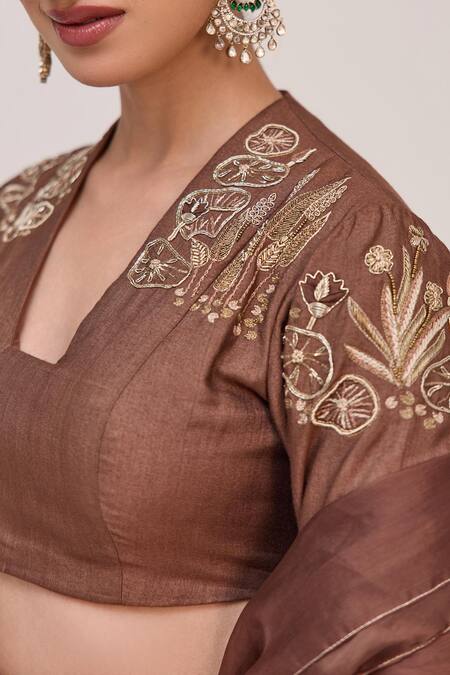 Ruchi Marodia_Brown Bamboo, Cotton, Organza Zari, Embroidery, Lotus Bloom Lehenga Set _Online_at_Aza_Fashions