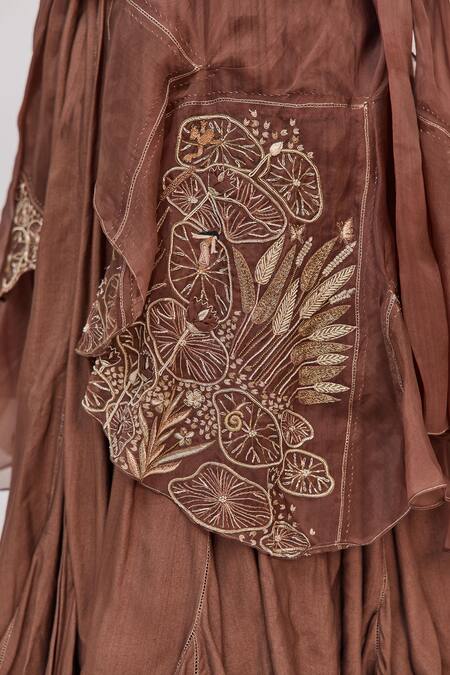 Buy_Ruchi Marodia_Brown Bamboo, Cotton, Organza Zari, Embroidery, Lotus Bloom Lehenga Set _Online_at_Aza_Fashions