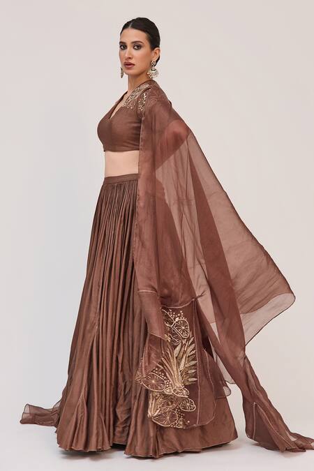 Shop_Ruchi Marodia_Brown Bamboo, Cotton, Organza Zari, Embroidery, Lotus Bloom Lehenga Set _Online_at_Aza_Fashions
