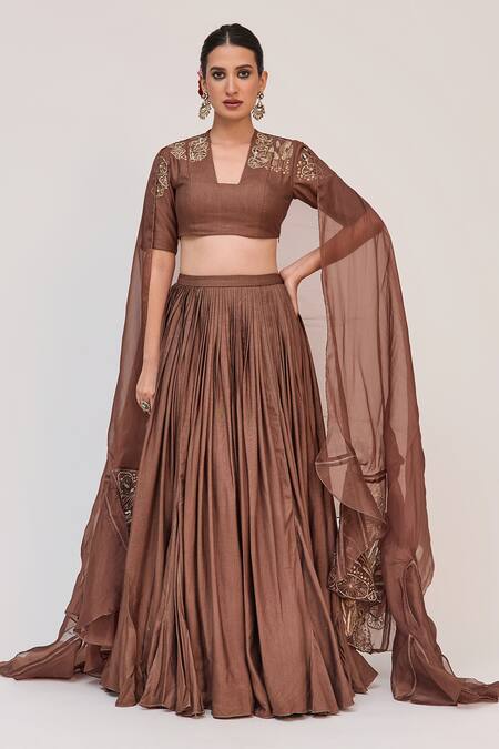 Ruchi Marodia_Brown Bamboo, Cotton, Organza Zari, Embroidery, Lotus Bloom Lehenga Set _at_Aza_Fashions