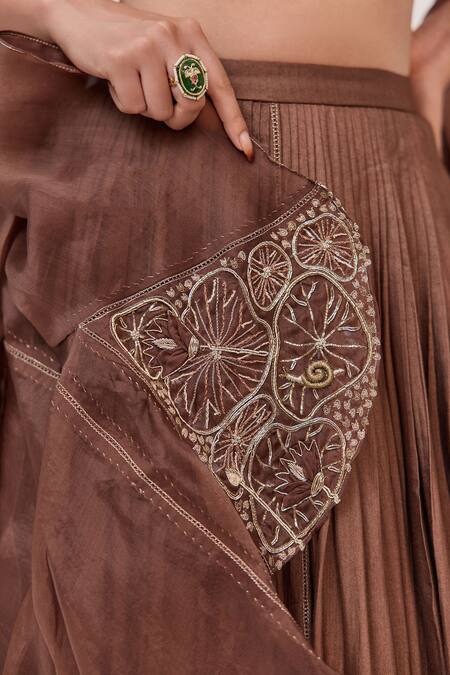 Buy_Ruchi Marodia_Brown Bamboo, Cotton, Organza Zari, Embroidery, Lotus Bloom Lehenga Set 
