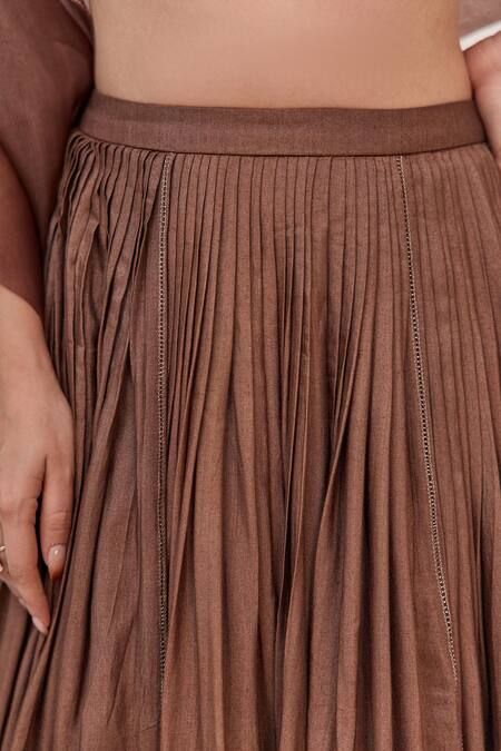 Shop_Ruchi Marodia_Brown Bamboo, Cotton, Organza Zari, Embroidery, Lotus Bloom Lehenga Set 