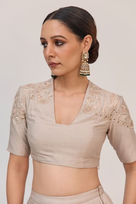 Shop_Ruchi Marodia_Gray Cotton, Bamboo, Organza Embroidery, Zari V-neck Lotus Bloom Lehenga Set _Online_at_Aza_Fashions