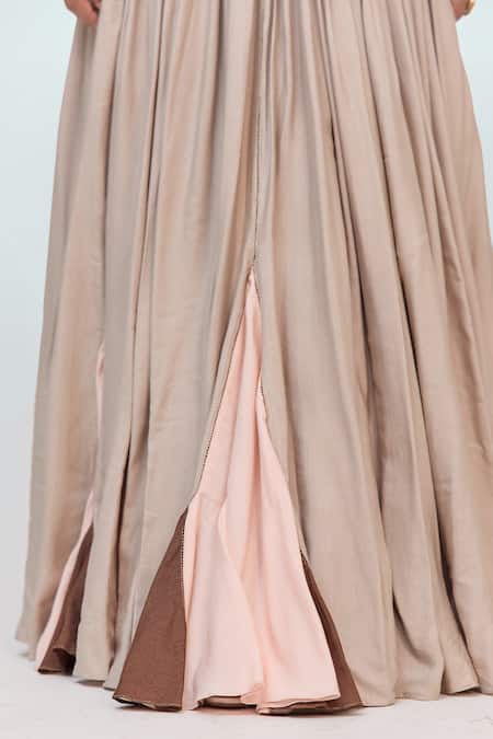 Ruchi Marodia_Gray Cotton, Bamboo, Organza Embroidery, Zari V-neck Lotus Bloom Lehenga Set _at_Aza_Fashions